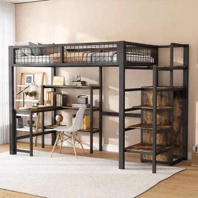 Letto a soppalco 90 × 200 cm con scrivania, mensole e armadio integrato, senza materasso, nero e marrone
