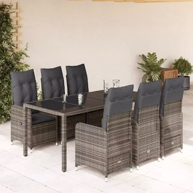 Set Bistrò da Giardino vidaXL 7 pz in Polyrattan e Metallo con Piano in Vetro Grigio