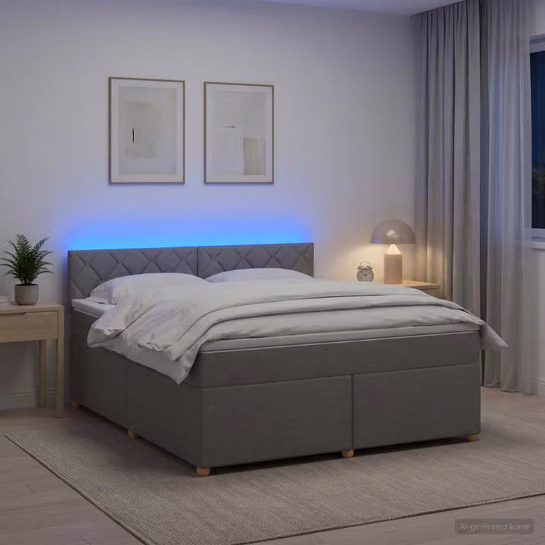 Letto box spring ibrido vidaXL con materasso a molle insacchettate e illuminazione sottostante, Grigio Chiaro, L: 180 cm, P: 200 cm