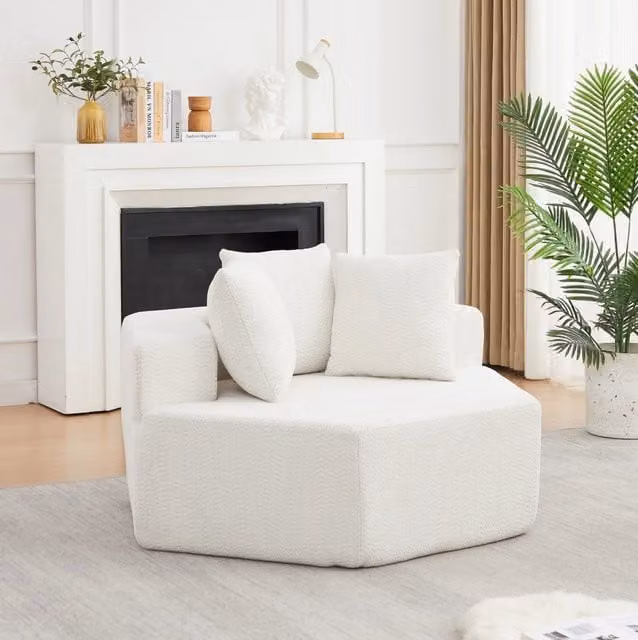 Poltrona lounge esagonale beige in chenille con 3 cuscini morbidi