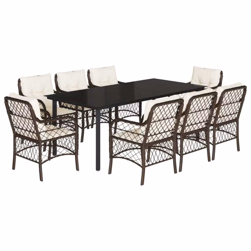 Set da Pranzo da Giardino 9pz con Cuscini Marrone in Polyrattan