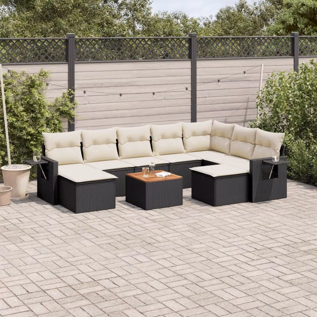 Set di divani da giardino vidaXL in polyrattan nero con cuscini e tavolino da esterno a forma di L – 1