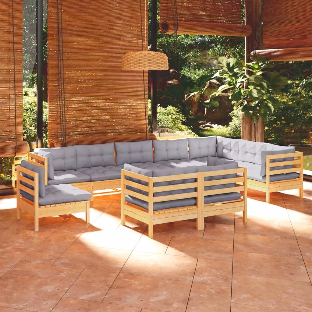 The Living Store Set da giardino da 10 pezzi con cuscini grigi in legno di pino massiccio