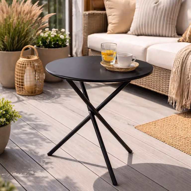 Tavolino da bistrot, da balcone o da salotto, rotondo, in acciaio nero, Ø48xH48 cm
