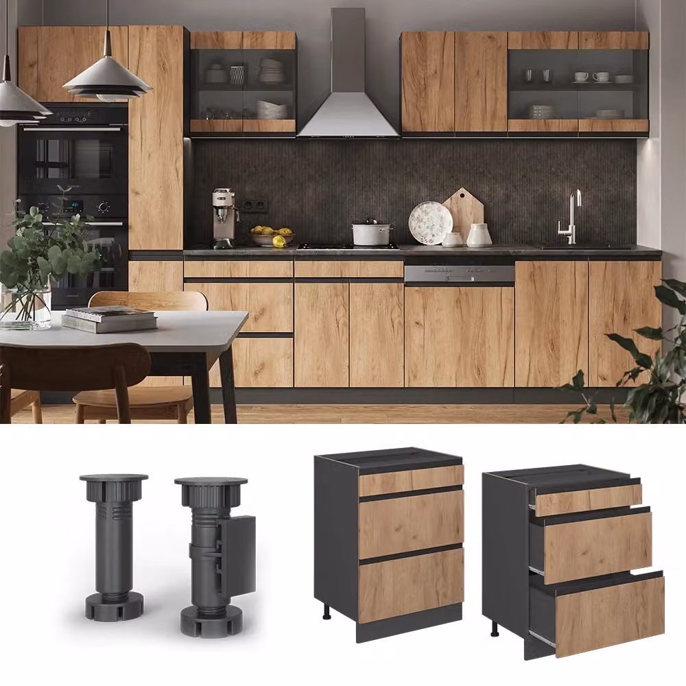 Mobiletto base per cucina Vicco R-Line Rovere dorato e Antracite con cassetti e forma a J, larghezza: 60 cm – 2