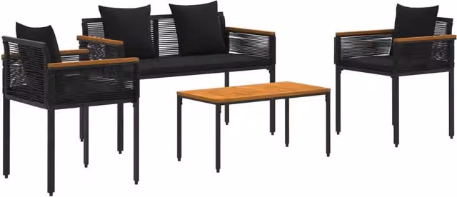 Set di Mobili da Esterno con cuscino 4 pz | Set Salotto da Giardino Nero polyrattan