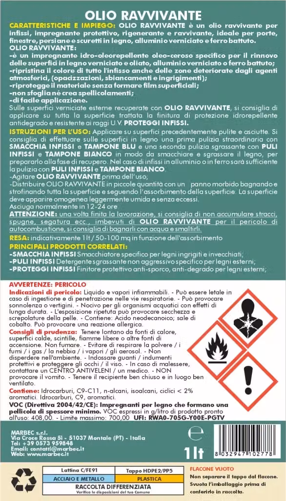 Olio ravvivante Marbec per il restauro del legno verniciato con protezione UV e idrorepellente, trasparente, 6 x 1 l – 2