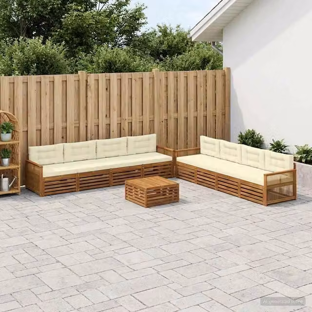 Set di divani da esterno a forma di U vidaXL in legno di acacia con tavolino e cuscini, Beige e Bianco