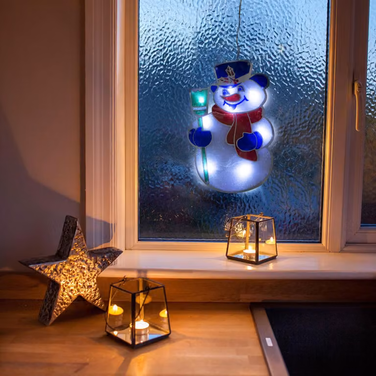 Decorazione per finestre in PVC con luci LED - pupazzo di neve - 26 x 17 cm