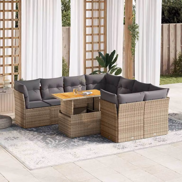 Set Divano da Giardino vidaXL 9 pz in Polyrattan Beige con Cuscini e Tavolino da Esterno a Forma di L