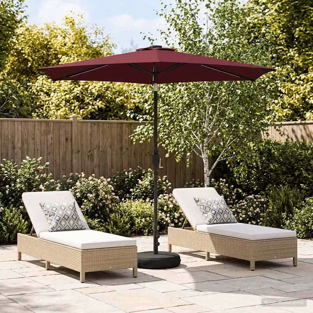 Parasol da giardino con luci LED e base vidaXL in poliestere rosso, L: 269 cm x P: 269 cm