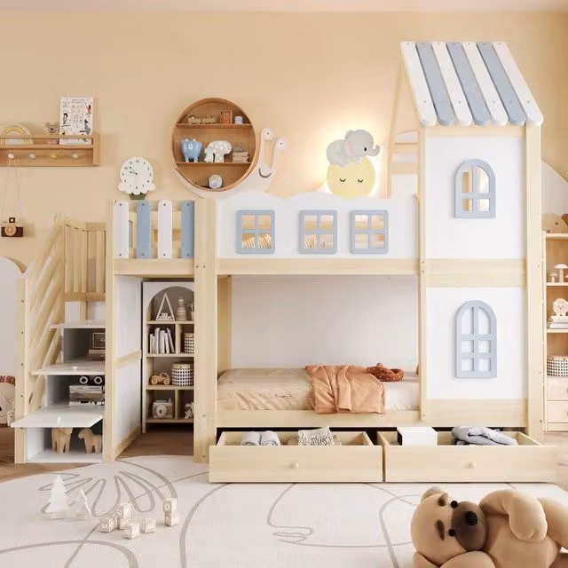 Letto a castello per bambini ¨C Minimal ¨C Bianco in legno 90x200cm con cassetti e armadio