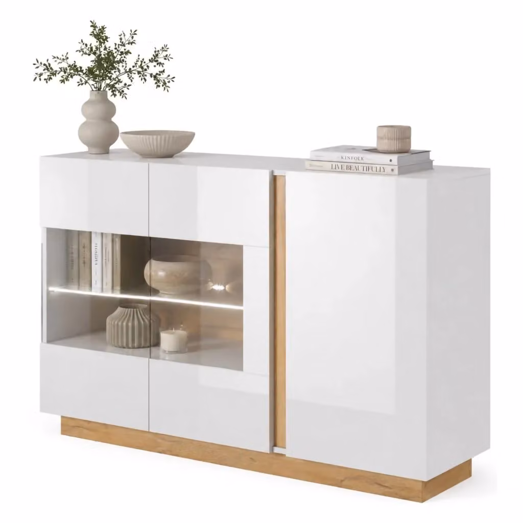 Madia Haka DMORA Credenza Moderna con 3 Ripiani e Illuminazione Integrata Bianco Lucido L: 138 cm, P: 40 cm, H: 91 cm – 2