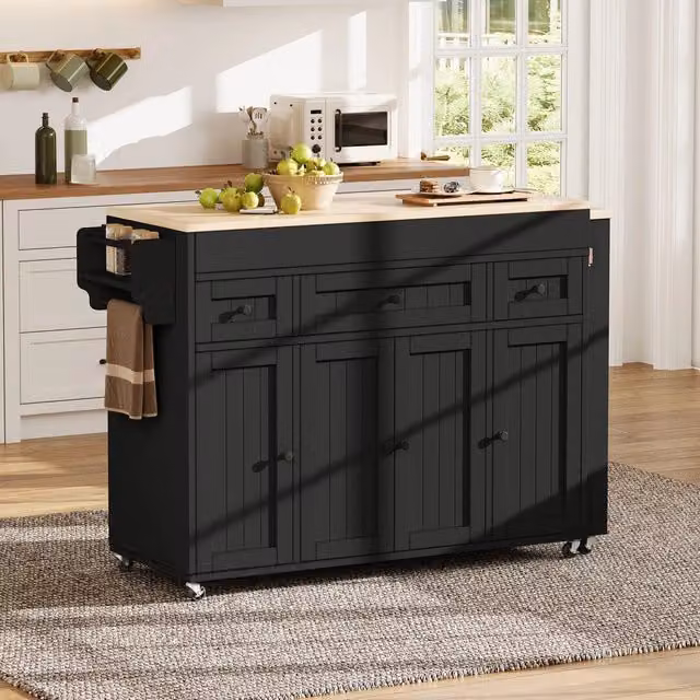 Isola da cucina su ruote con piano estraibile 3 cassetti e portaspezie per cucina nero 137 × 45,2 × 92 cm
