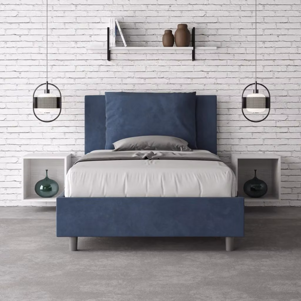 Letto matrimoniale moderno GIORDANOSHOP in legno e tessuto blu L: 135 cm, P: 222 cm, H: 110 cm – 2