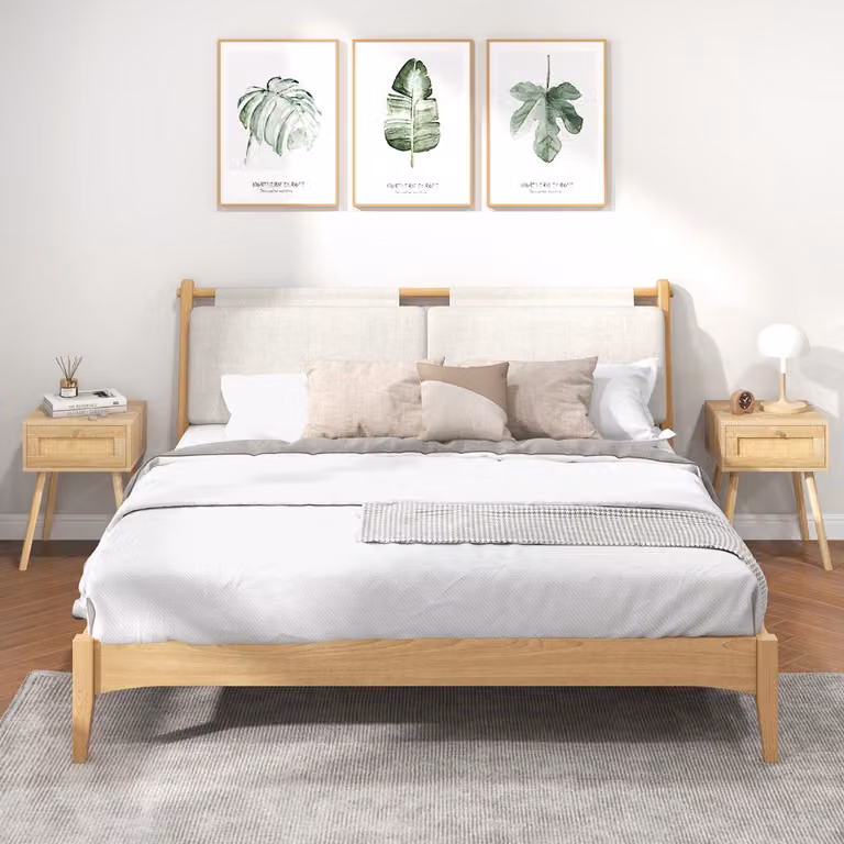 Costway Set di 2 Comodini in rattan con decorazione intrecciata a mano, Tavolini da letto boho in legno stile mid-century Naturale