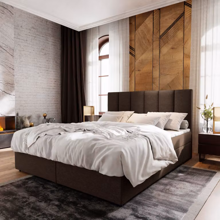 Letto a molle Masseno MERIL 180x200 cm completo di materasso e topper Bonell, letto imbottito con cassettiera - marrone, SAWANA 16
