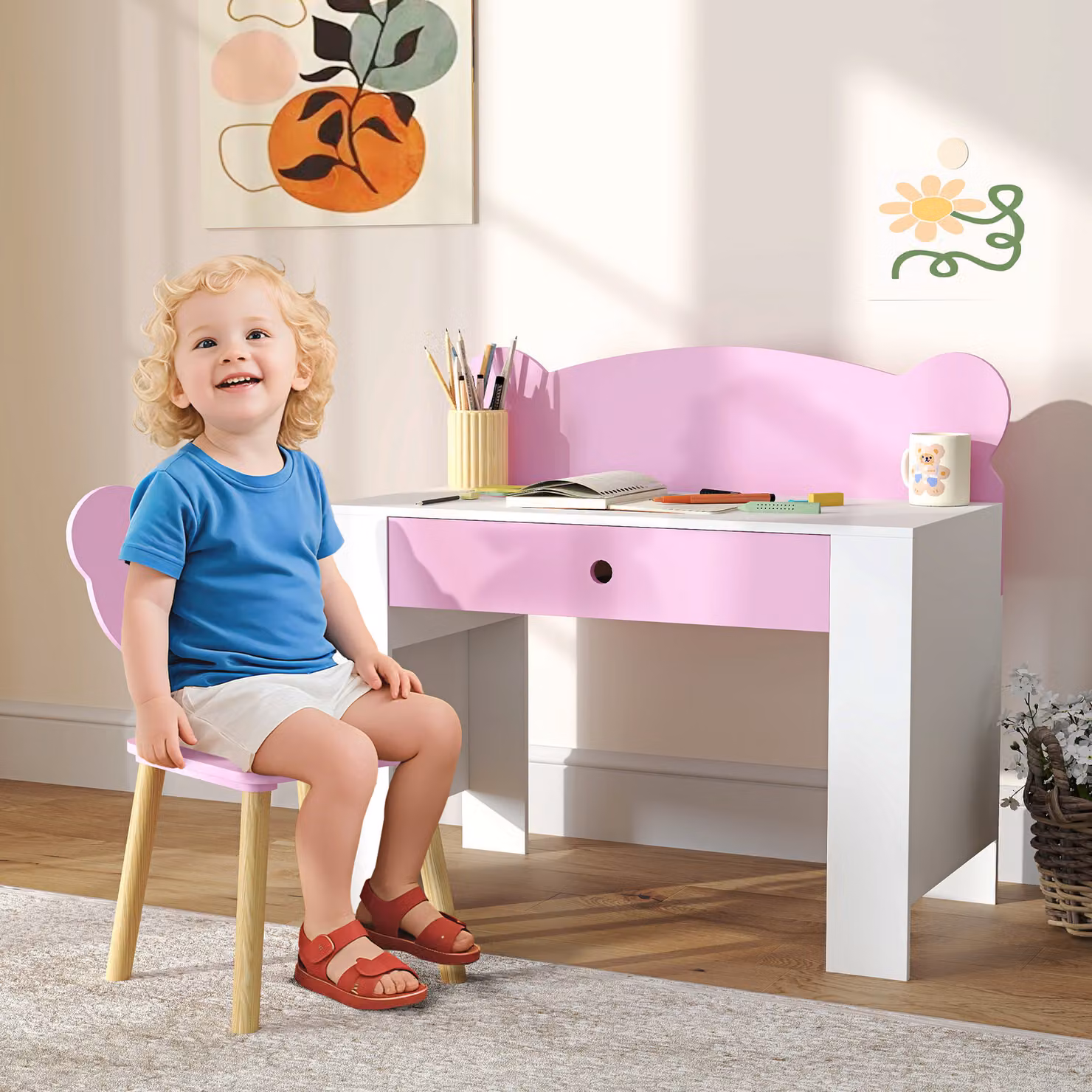 Set Scrivania e Sedia per Bambini AIYAPLAY con Cassetto e Schienale a Orsetto, Rosa e Bianco – 2