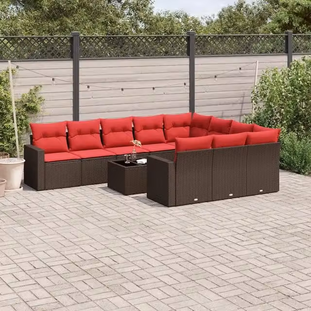 Set Divani da Giardino 11 pz con Cuscini Polyrattan Marrone 3219494