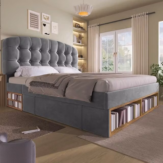Letto matrimoniale 140x190 cm, rivestimento in velluto, testiera regolabile, 2 cassetti, grigio