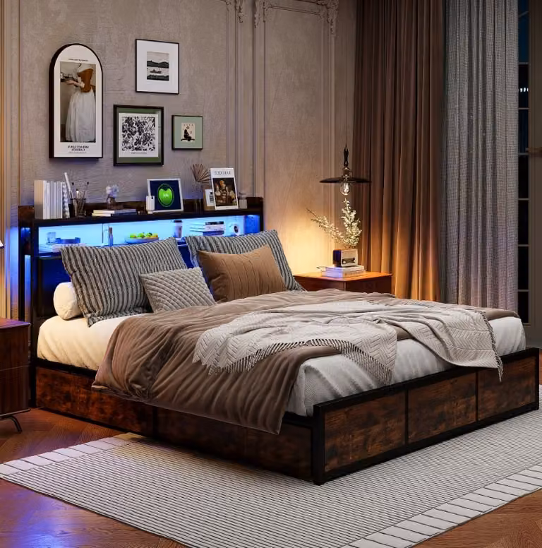 CDGlobal letto imbottito in metallo 160x200cm con 4 cassetti, illuminazione a LED, ripiano di stoccaggio, struttura letto matrimoniale, struttura in metallo stabile, letti di stoccaggio, letto per giovani, PU, nero