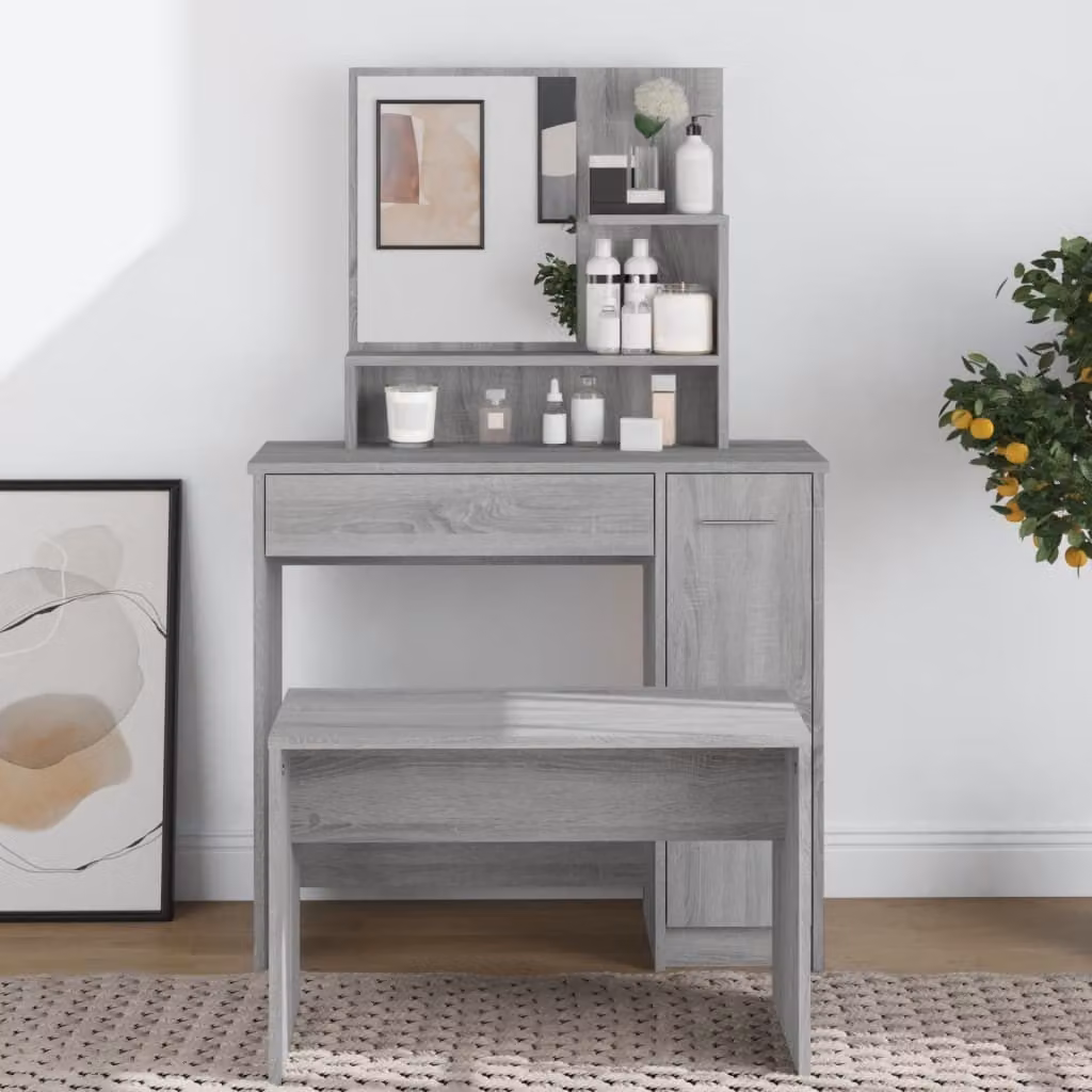 The Living Store Comò con specchio Grey Sonoma 86,5x35x136 cm