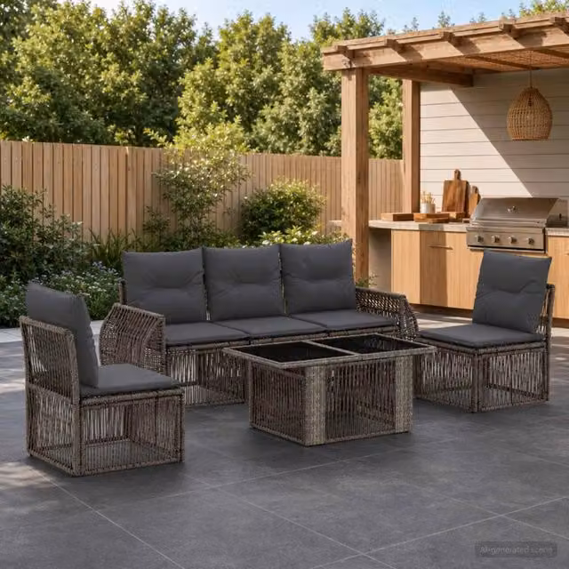 Set da giardino moderno vidaXL composto da 6 pezzi con divano a 3 posti, poltrone, tavolino da caffè e cuscini in tessuto grigio e antracite con struttura in metallo e rattan – 1