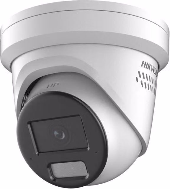 Telecamera di sorveglianza IP Hikvision AcuSense 4MP con strobo e sirena, lente turret da 2.8mm, PoE, colore bianco, DS-2CD2346G2H-IS2U/SL