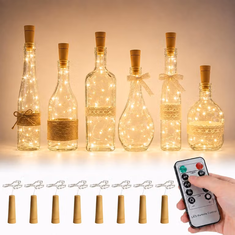 Set di 8 luci a forma di bottiglia con timer, lunghezza 2 metri, 20 LED, luce bianco caldo