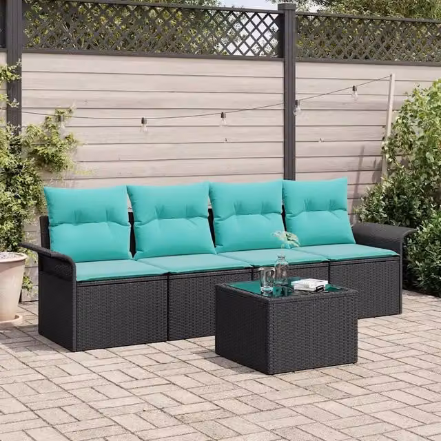 Set Divano da Giardino 5 pz Nero e Turchese polyrattan 3353905