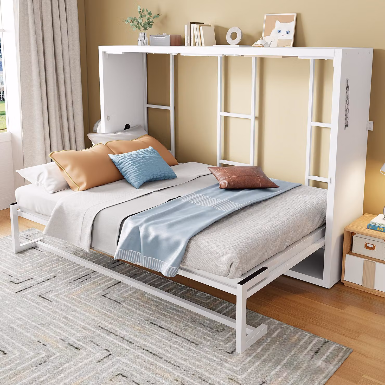 Letto a scomparsa Merax, modello "Tagesbett", dimensioni 140x200 cm, realizzato in metallo e legno. Letto a ribalta salvaspazio con sistema di blocco, silenzioso, ideale come letto singolo, colore bianco