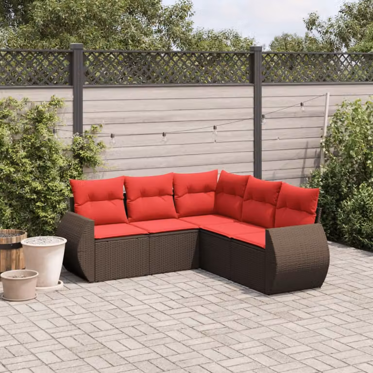Set di divani da giardino vidaXL in rattan marrone con cuscini e struttura in metallo a forma di L
