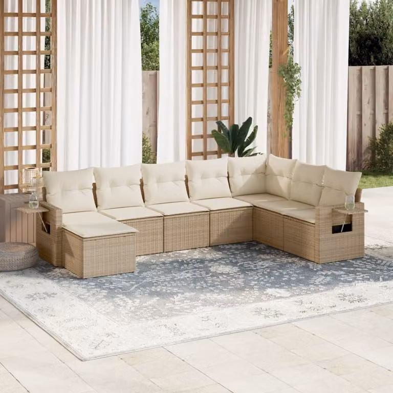 vidaXL Set Divano da Giardino a L 8 pz con Cuscini Beige e Ottoman in Polyrattan e Metallo