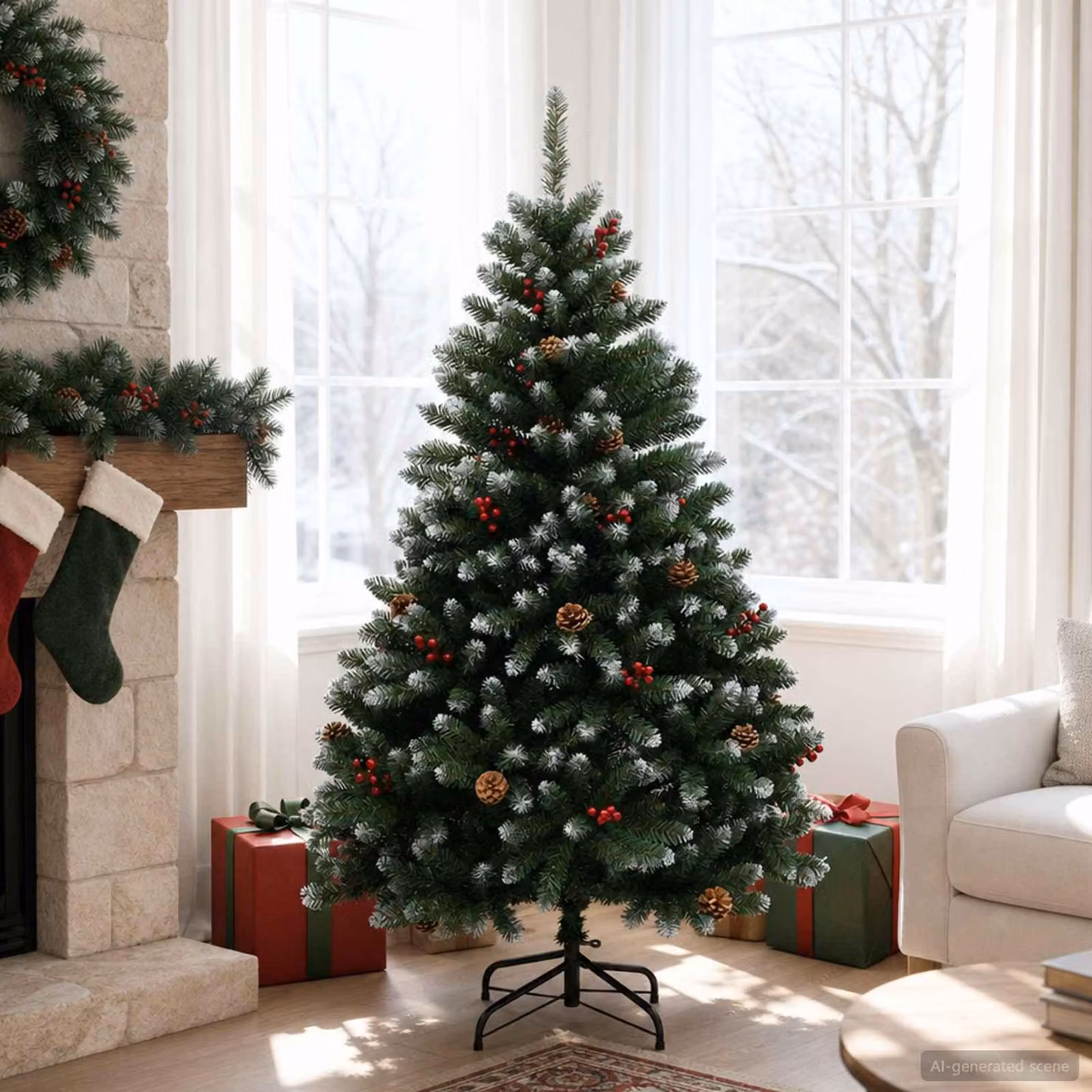Albero di Natale artificiale pieghevole, 150 cm, in PVC, verde e bianco