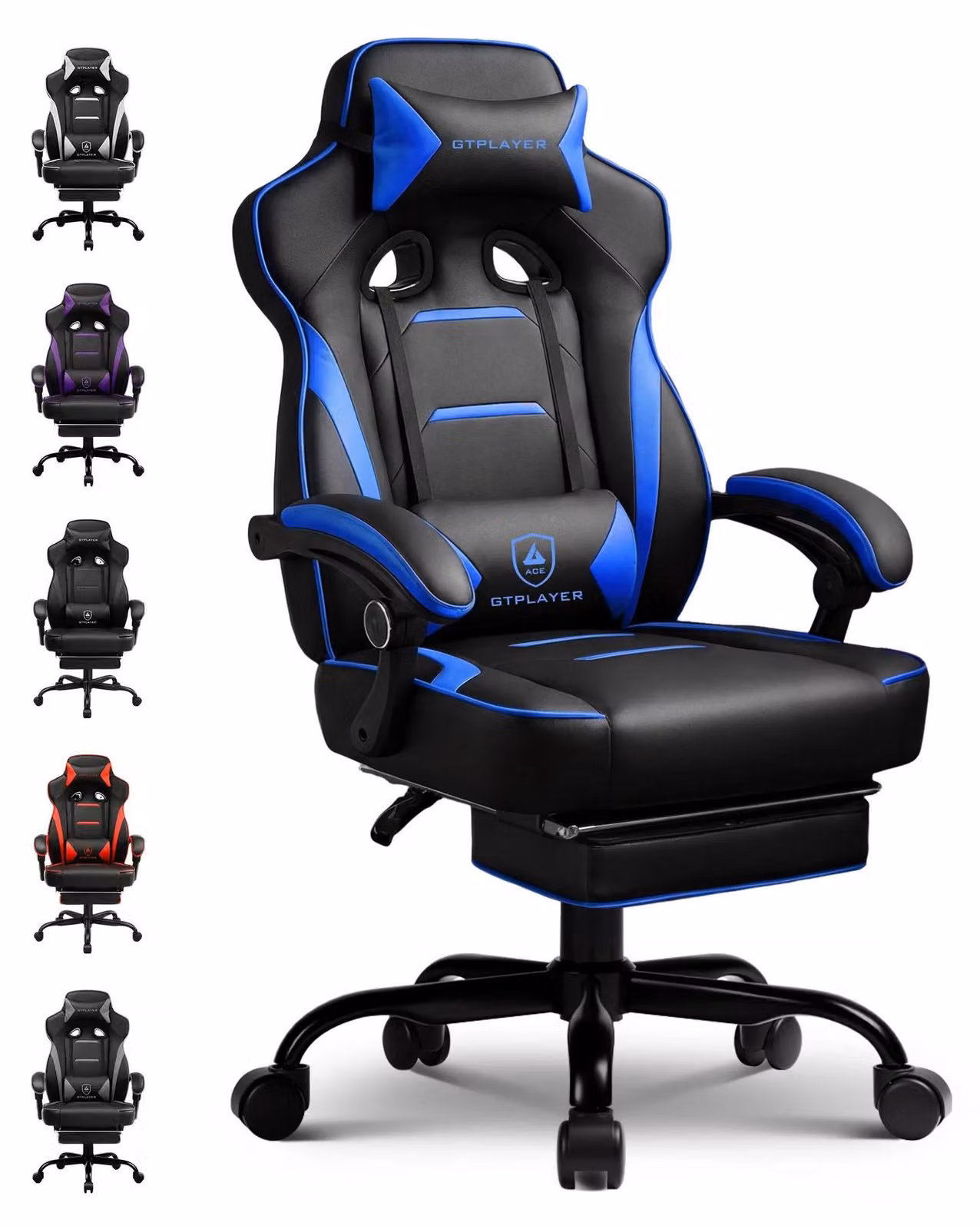 Sedia da gaming - Sedia da ufficio ergonomica - Con poggiapiedi - Portata massima 180 kg - Schienale reclinabile fino a 155° - Regolabile in altezza - Supporto lombare e poggiatesta - Rivestita in ecopelle - Colore blu