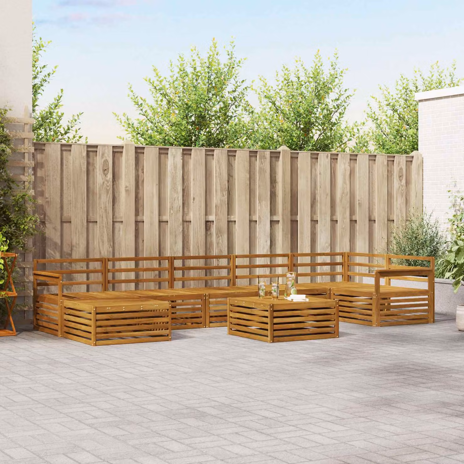 Set di divani da esterno vidaXL a forma di L in legno di acacia marrone con 8 pezzi e cuscini inclusi