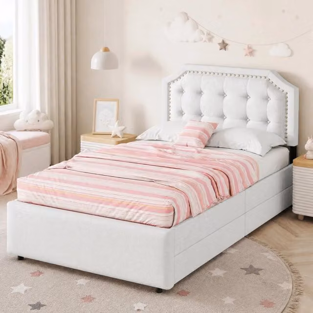 Letto imbottito beige chiaro 90x200 cm con cassetti doppi e decorazioni in borchie