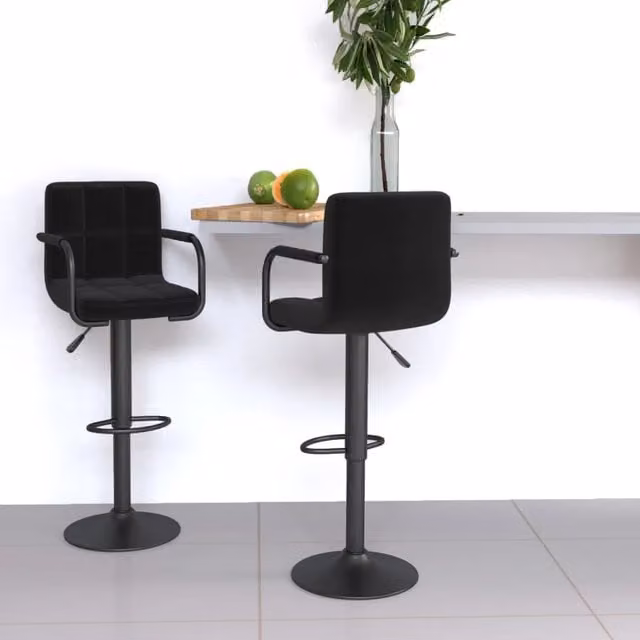Set di 2 sgabelli da bar vidaXL neri in tessuto con base girevole a 360 gradi e struttura in metallo per soggiorno o sala da pranzo