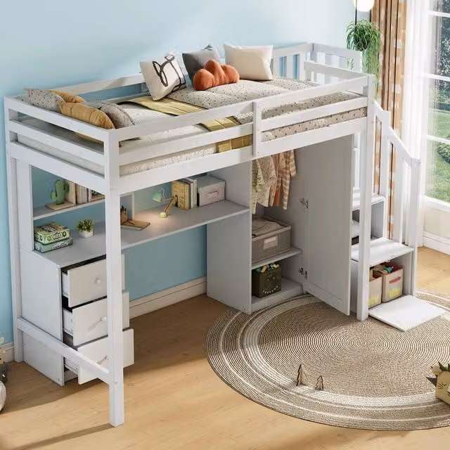 Letto a soppalco multifunzionale per bambini ¨C Minimal ¨C 90x200cm, bianco, con cassetti, scrivania e armadio