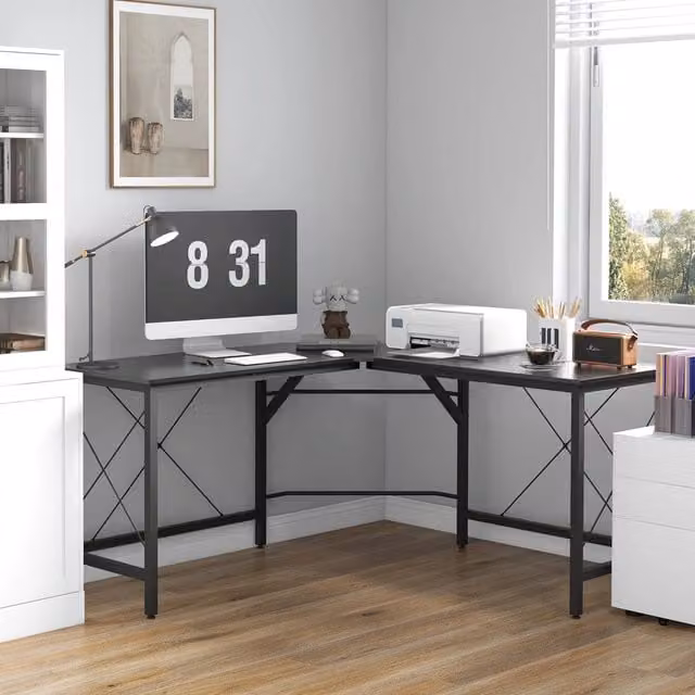 Scrivania angolare 150x150x76 cm con piedi regolabili in acciaio e MDF nero