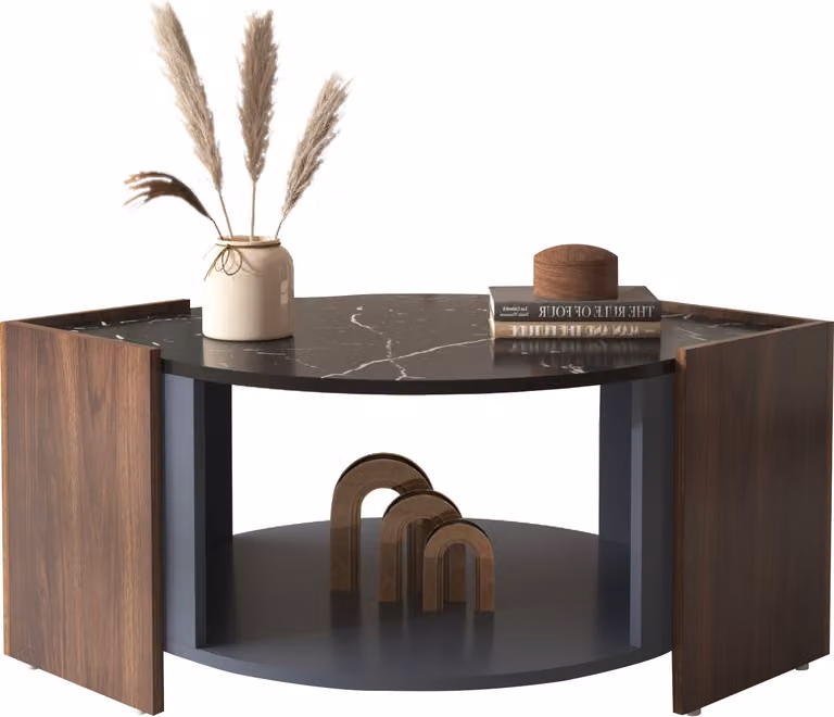 Tavolino Fortuna Lai in marmo e noce - legno con cassetto e vano a giorno - stile industriale