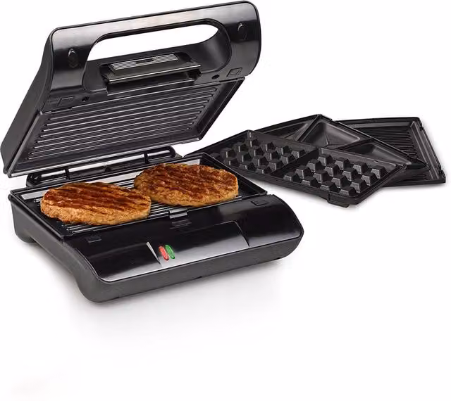 Macchina per waffle e sandwich Princess in acciaio inox con piastre rimovibili e lavabili in lavastoviglie, 800W, argento e nero