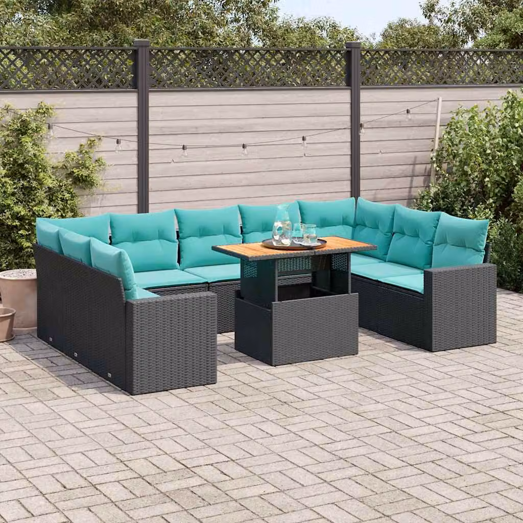 Set di divani da giardino vidaXL 10 pezzi in polyrattan nero con cuscini blu e struttura in legno di acacia oliato