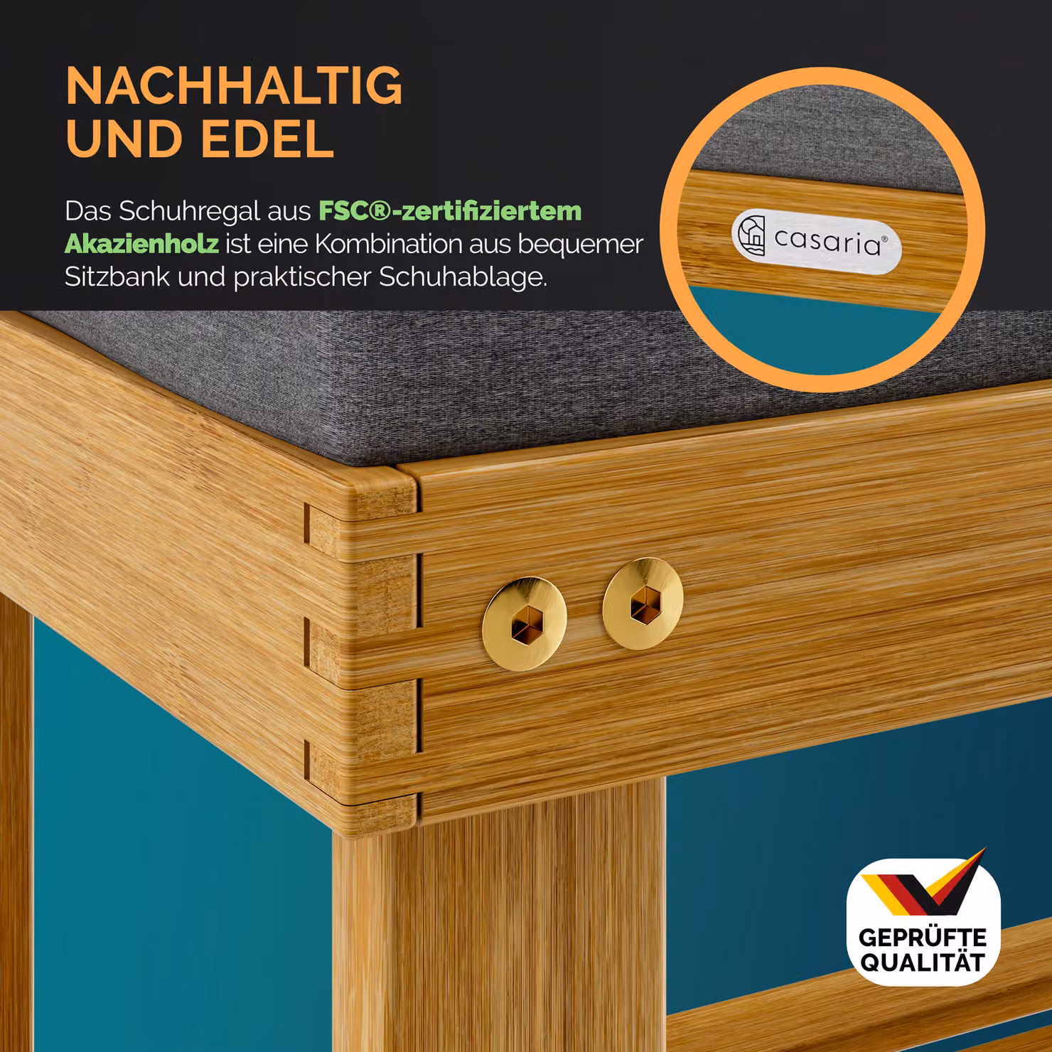 Panchina porta scarpe Casaria in legno di acacia certificato FSC colore marrone L 70 cm x P 33 cm x H 48 cm – 2
