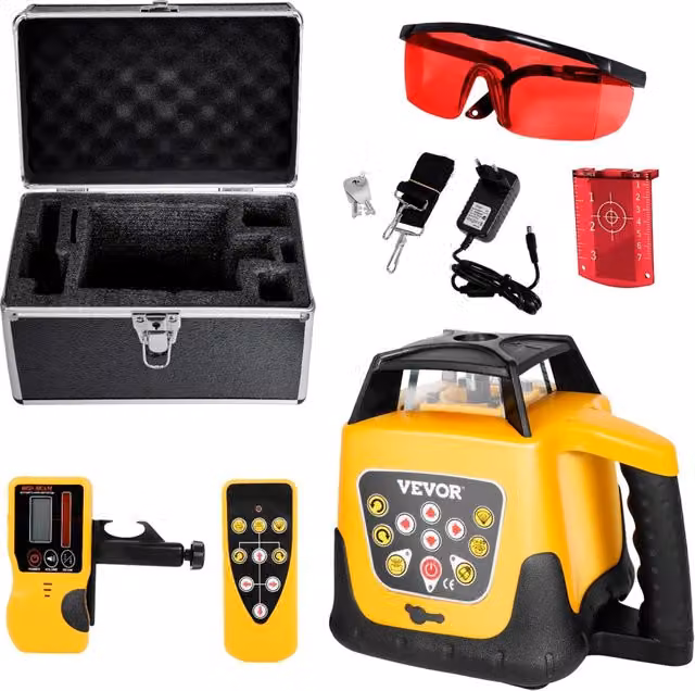 Livella Laser Rotante Autolivellante Raggio Rosso 360 Gradi Portata 300 m IP54 con Telecomando Ricevitore e Valigetta per Lavori e Cantiere