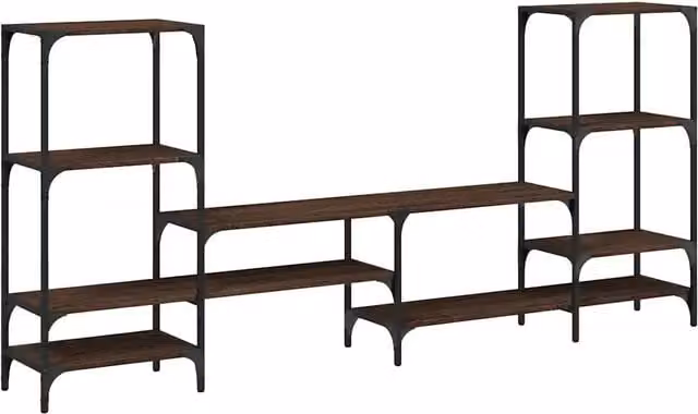 Mobile TV in legno multistrato e metallo stile industrial, colore rovere marrone, L: 206,5 cm, P: 28,5 cm, H: 95 cm