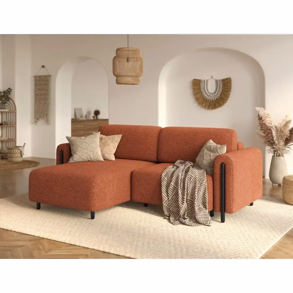 Divano angolare convertibile ARVESSA MEUBLORAMA color arancione in tessuto bouclé con angolo sinistro e contenitore L/P/H: 244 x 154 x 95 cm – 2
