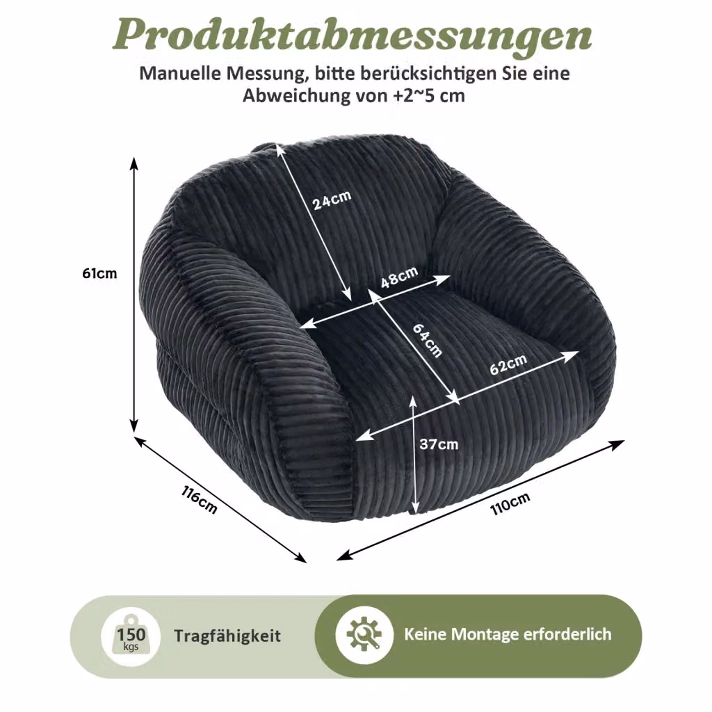 Pouf moderno Mivray con schienale in velluto a coste grigio per soggiorno, camera da letto o balcone – 2