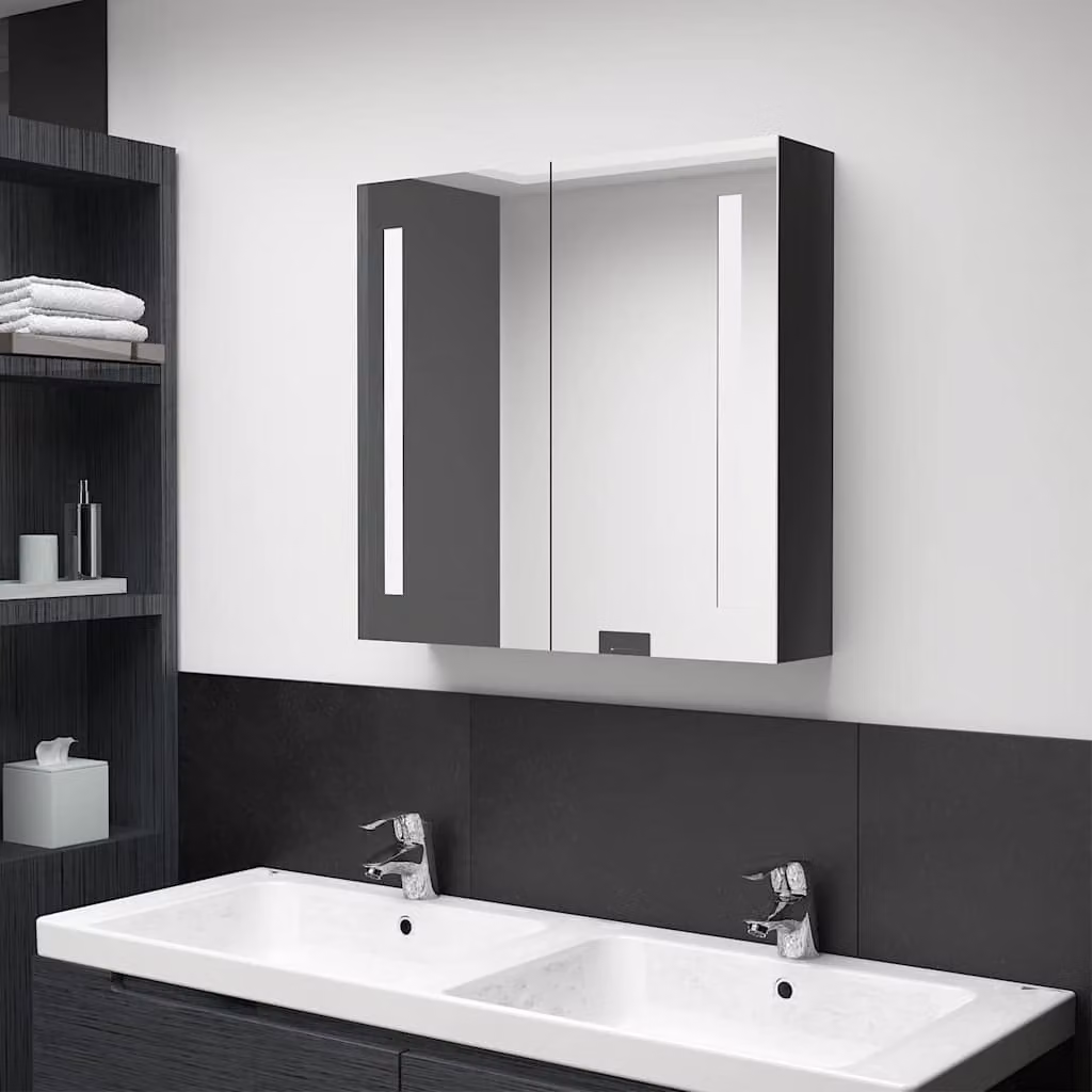 Armadietto da bagno moderno vidaXL con specchio e illuminazione LED nero lucido L 62 cm, H 60 cm, P 14 cm