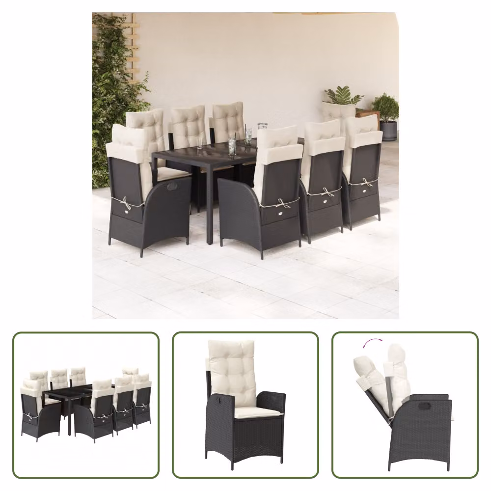 The Living Store Set da pranzo da giardino 9 pezzi con cuscini in polirattan nero